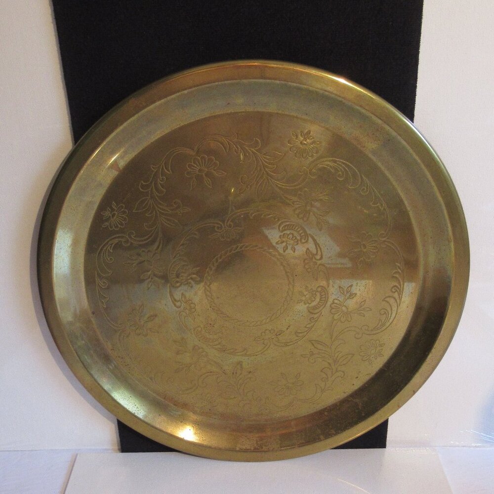Princess House Heritage Brass Round Tray. 12", Vintage, Etched floral design